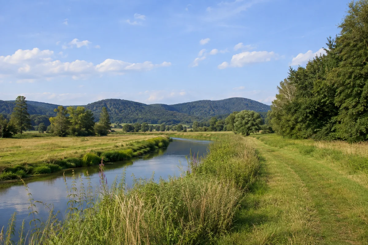 Herleshausen: weite Werraaue mit ruhigem Fluss und niedrigen bewaldeten Hügeln