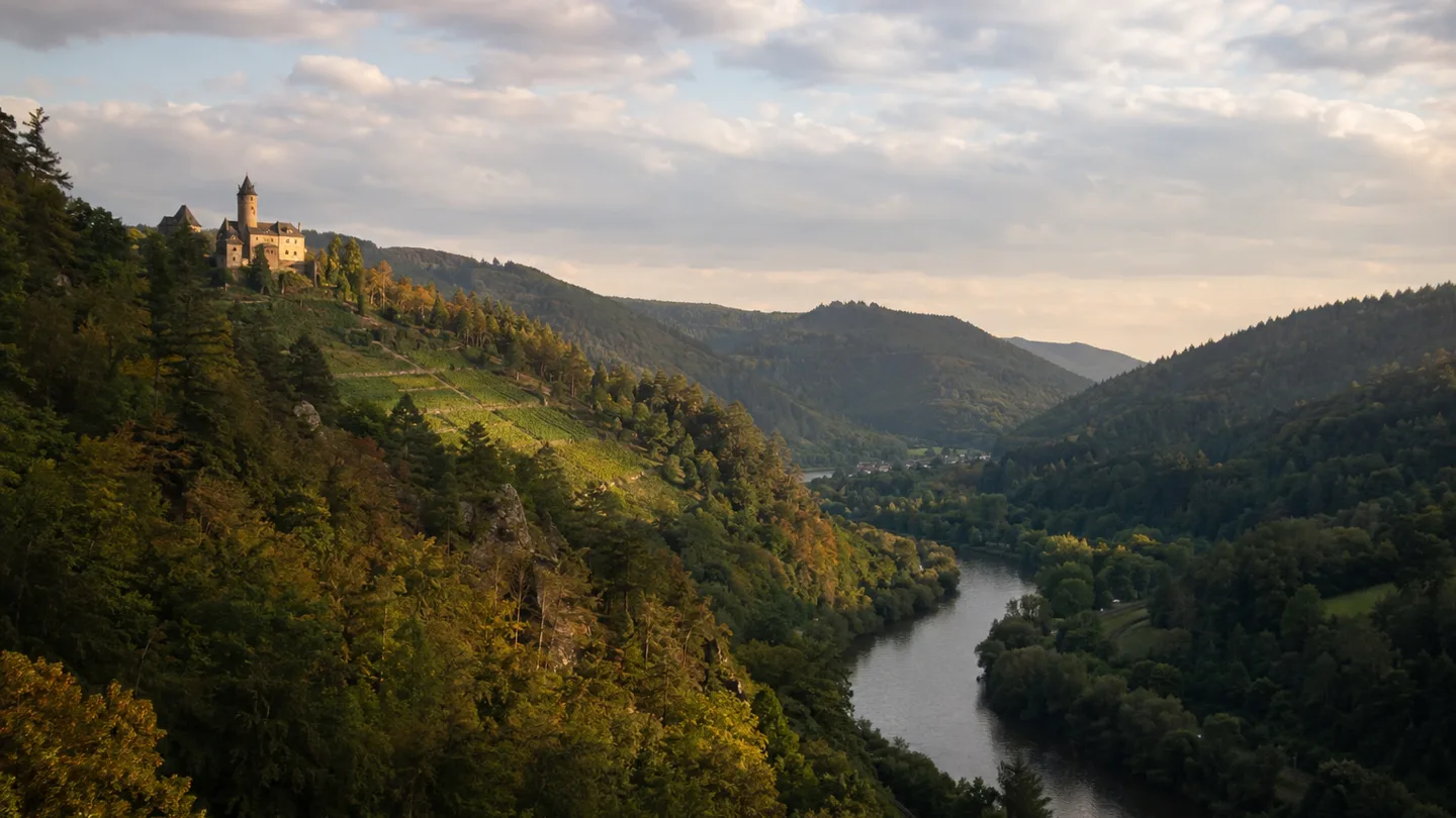 Gernsbach: Gernsbach und Schloss Eberstein: bewaldetes Murgtal mit Schloss über Weinbergterrassen