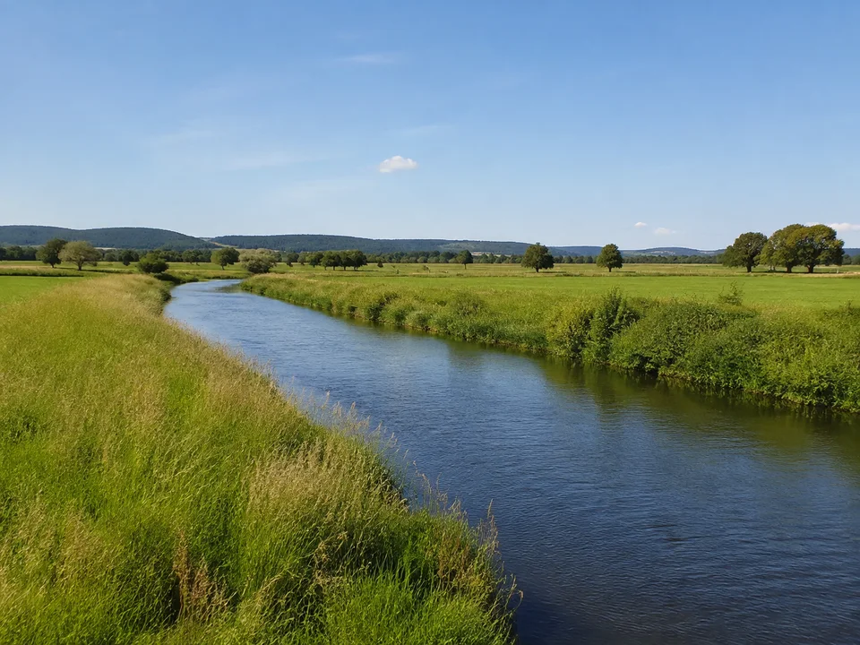 Lahnaue bei Allendorf: Weite flache grüne Wiesen mit einem mittelbreiten Fluss und niedrigen Hügeln am Horizont
