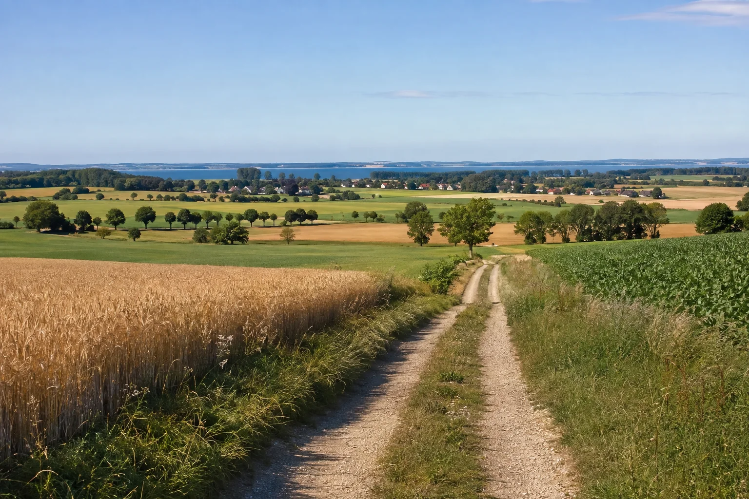 Gingst: Gingster Feldlandschaft: weite flache bis sanft gewellte Felder mit Baumreihen und kleinen Dorfhäusern auf Westrügen