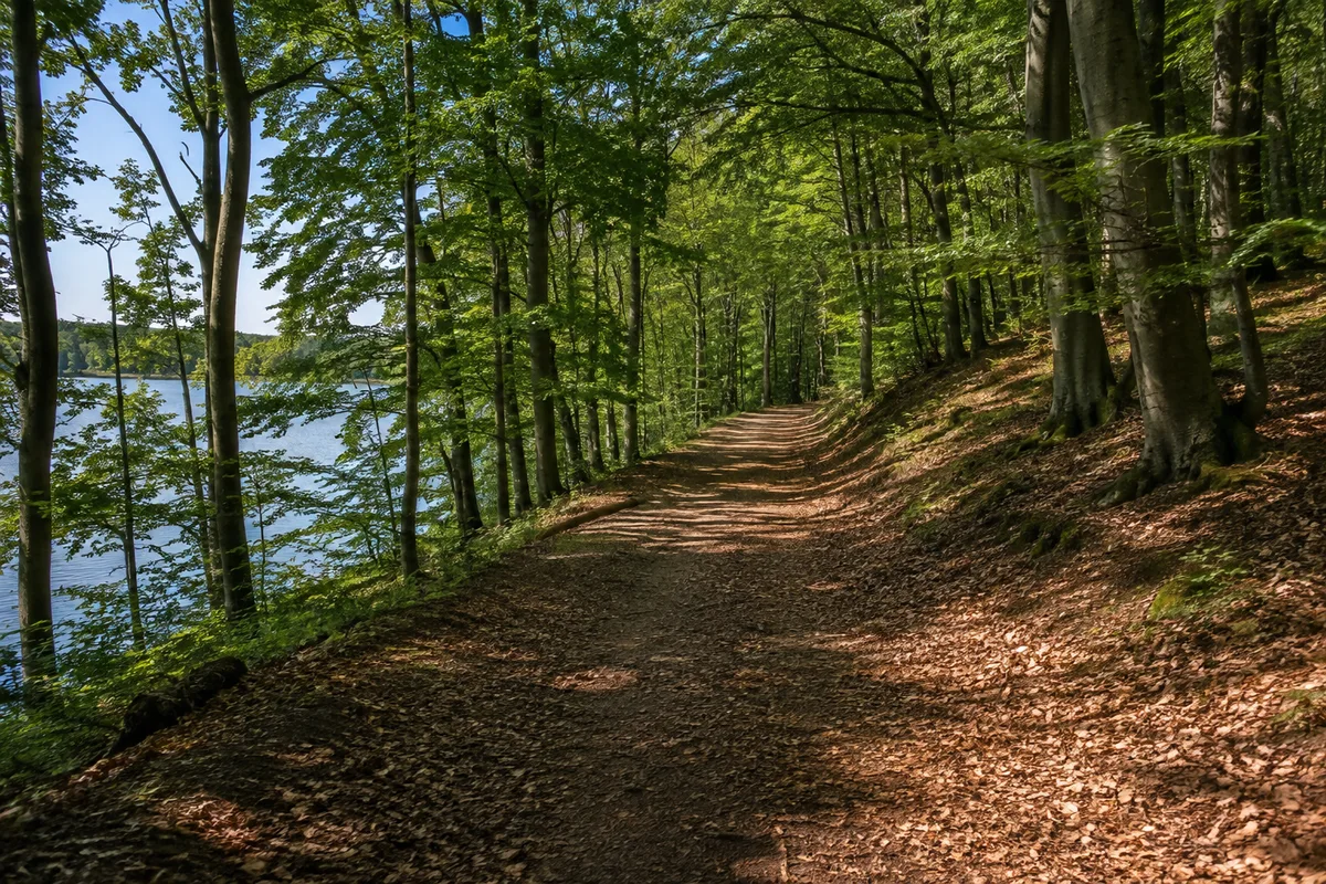 Friedeholz: Breiter Waldweg durch hügeligen Buchenwald mit Laub am Boden