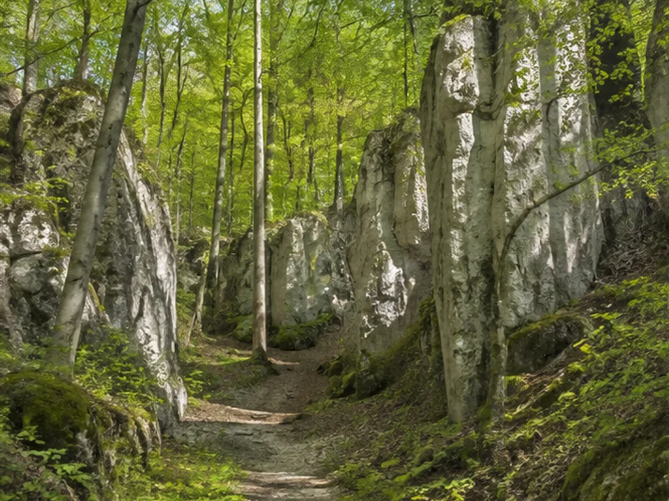 Behringersmühle: Waldpfad zwischen hellen Dolomitfelsen