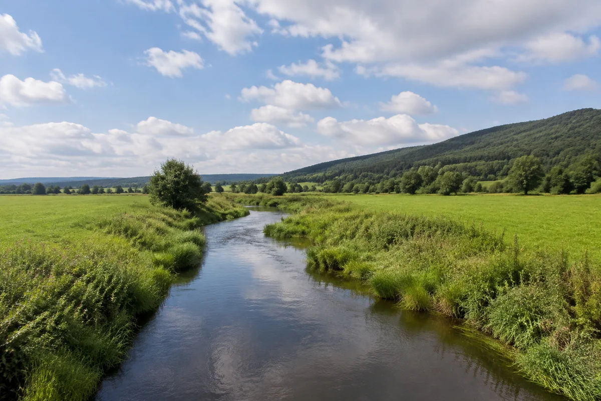 Schmaler Fluss mit grünen Uferwiesen im breiten Leinetal bei Göttingen, sanfte bewaldete östliche Höhen, keine Stadtsilhouette