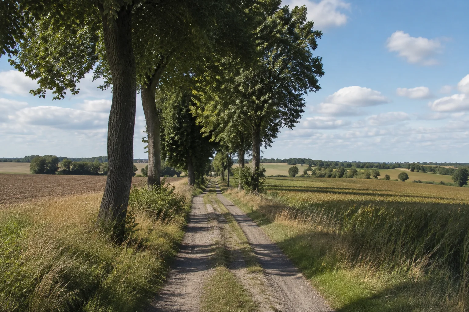 Gransee: Granseer Feldlandschaft: ruhiger Feldweg mit Baumreihen und flachem bis leicht gewelltem Ackerland