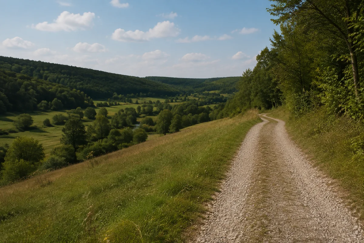 Bewaldeter sanfter Jurahang bei Obermässing über grüner Schwarzachaue, Kalkschotterweg zwischen Wiesen und Wald.