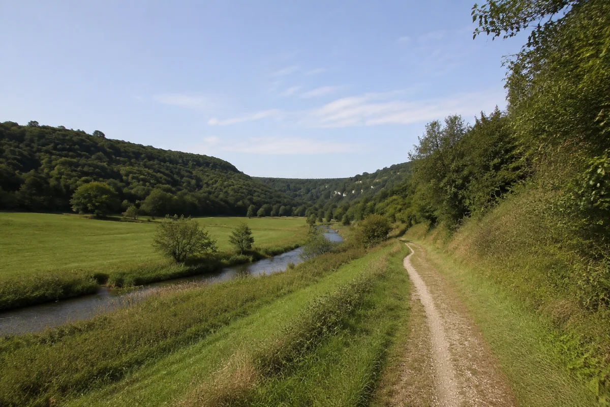 Greding: Weites grünes Schwarzachtal bei Greding mit Flusswiesen und bewaldeten niedrigen Jurahängen, ländlicher Talweg.