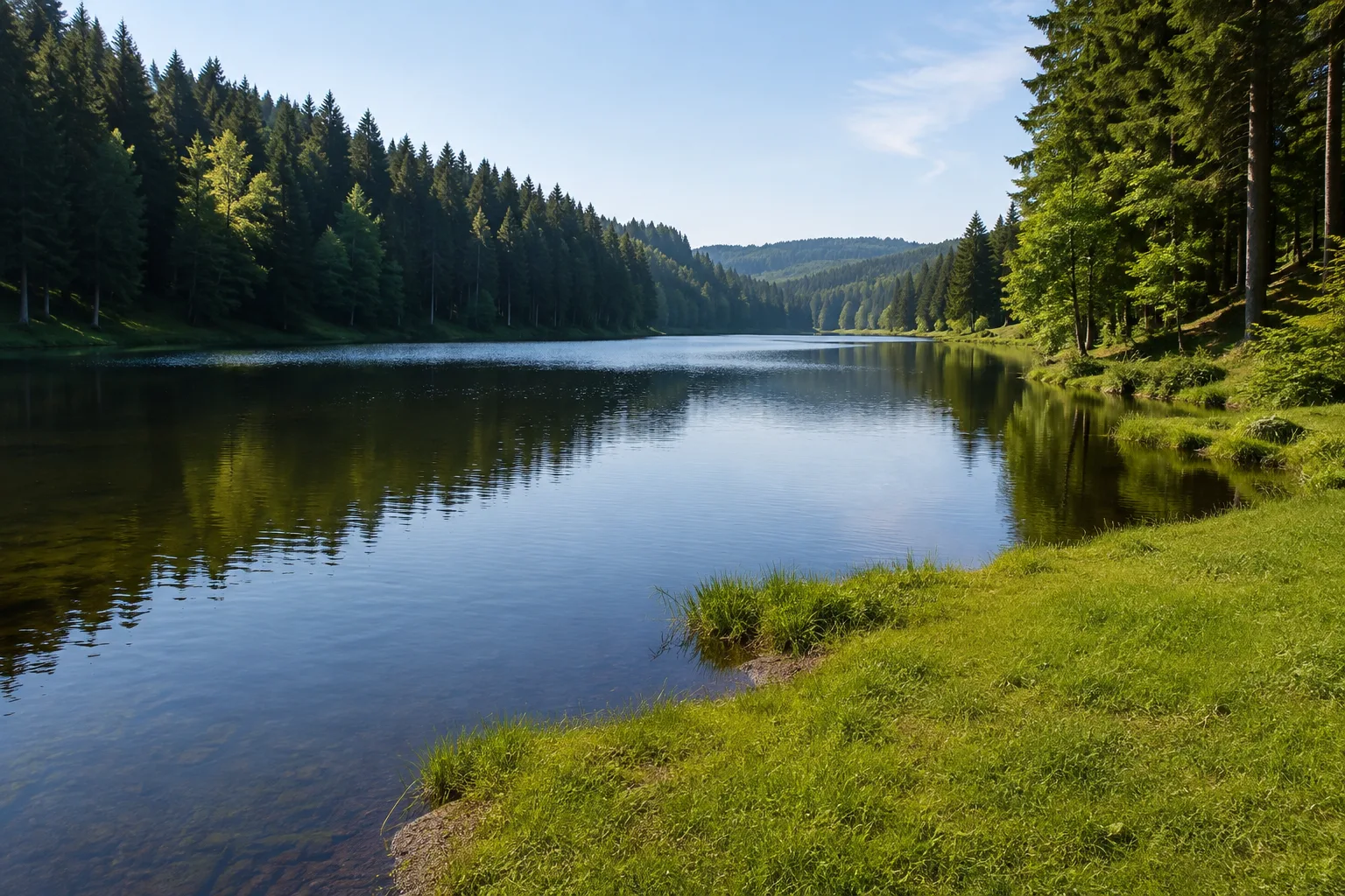 Greifenbachstauweiher: ruhiger Waldsee mit Wiesenbucht