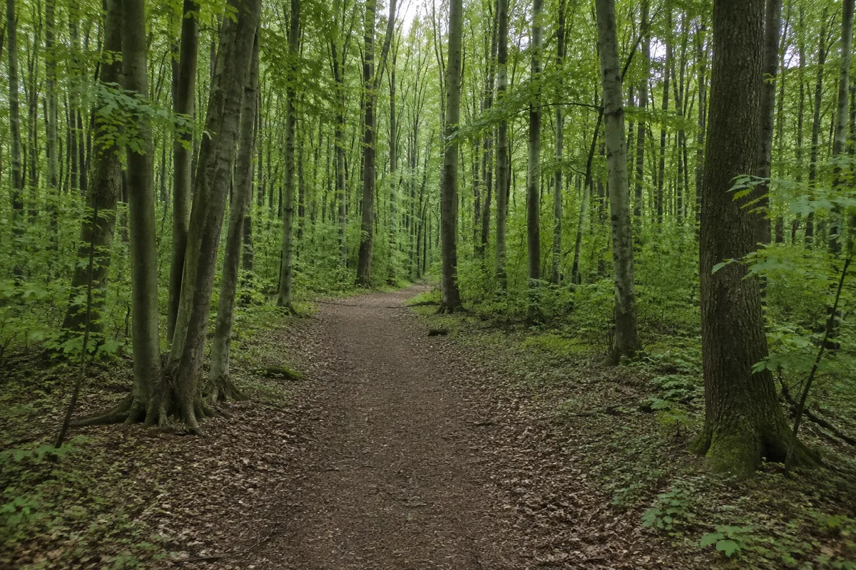 Buchenwaldweg im Eldenaer Wald mit flachem Gelände
