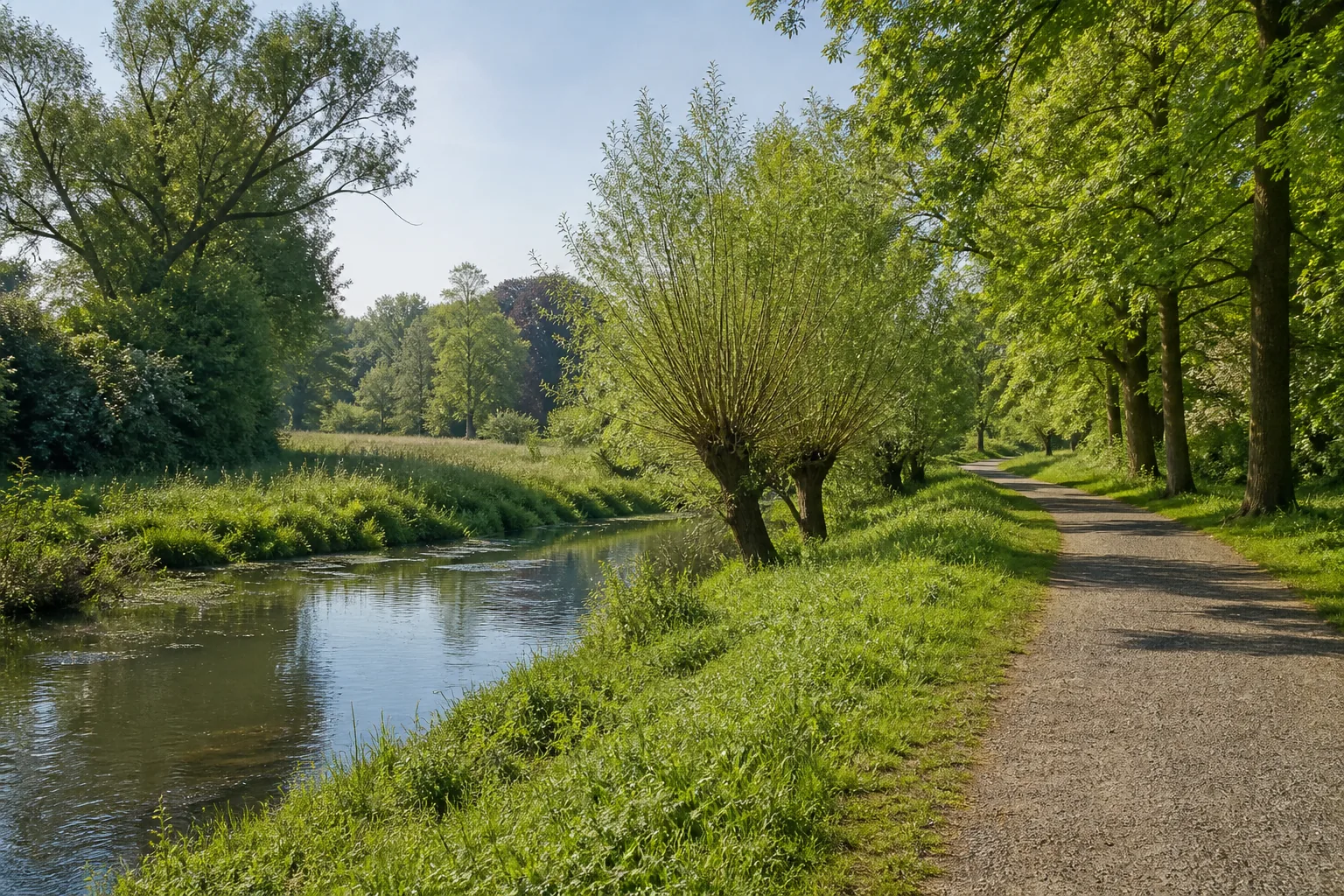 Uferweg an der Erft durch Wiesen und Baumreihen in Grevenbroich
