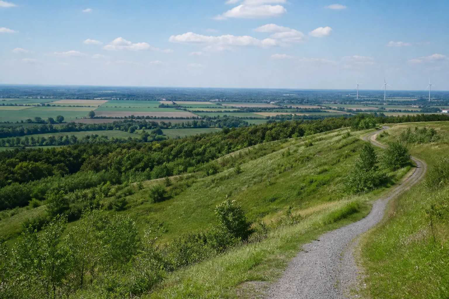 Weiter Weg über Wiesen und junge Gehölze auf der Vollrather Höhe bei Grevenbroich