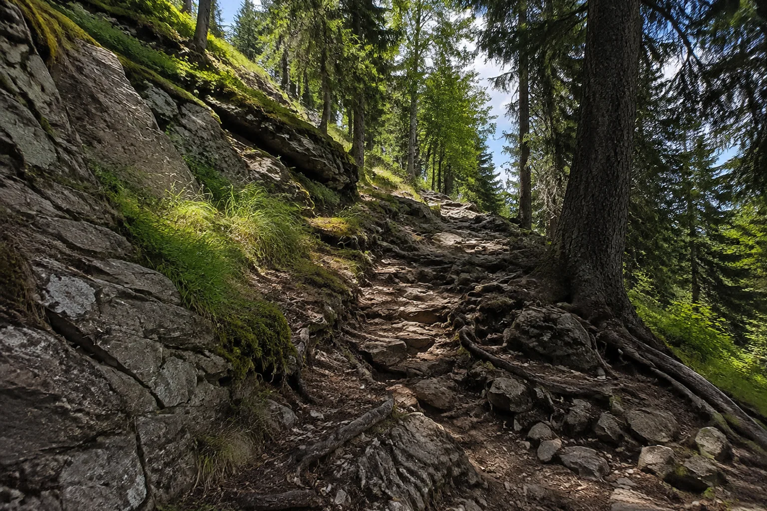 Brotteroder Aufstieg: steiniger Waldpfad am steilen Südwesthang