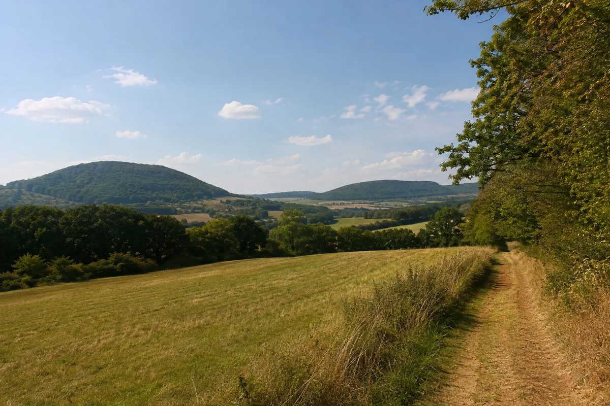 Hoofer Pforte: wellige Feldflur zwischen bewaldeten Basaltkuppen mit Weg am Wiesenrand