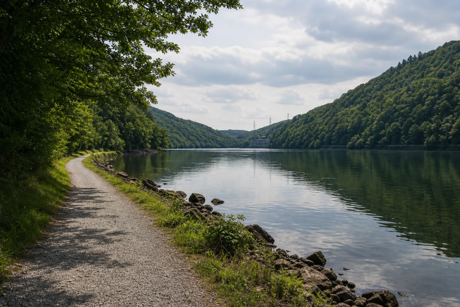 Uferweg am Hengsteysee zwischen bewaldeten Ruhrhöhen in Hagen