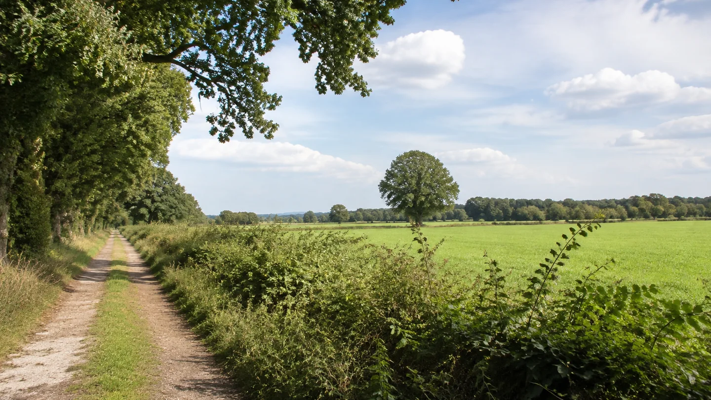 Hambergen: Wällenberg und Hamberger Geest: Leicht gewellte niedrige Geest mit Feldern, Hecken, Eichen und einem ländlichen Wanderweg, kein Bergland