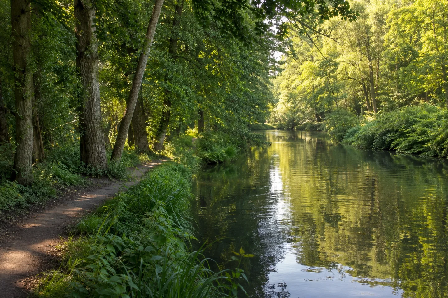 Hamburg: Alstertal – Poppenbüttler Schleuse: Alstertal: Schmaler ruhiger Alsterfluss unter alten Laubbäumen mit festem Uferpfad, flaches Gelände