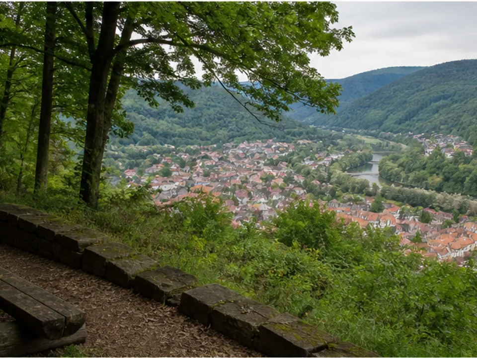 Tillyschanze: Waldhang mit Blick auf Fachwerkstadt und Flüsse