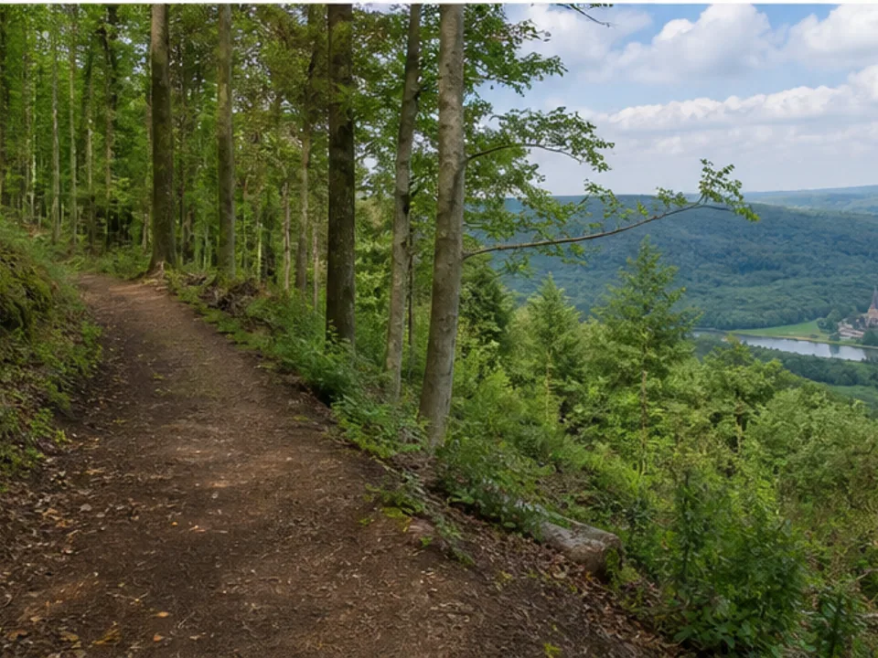 Bursfelde: Buchenwaldweg über dem Wesertal beim Kloster
