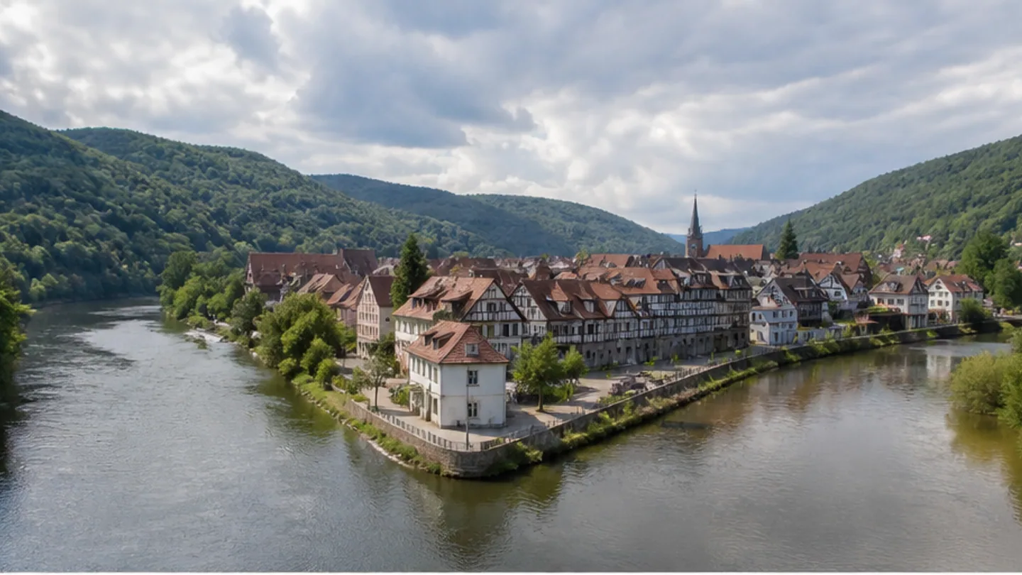 Hann. Münden: Hann. Münden: Zusammenfluss von Werra und Fulda unter bewaldeten Hängen