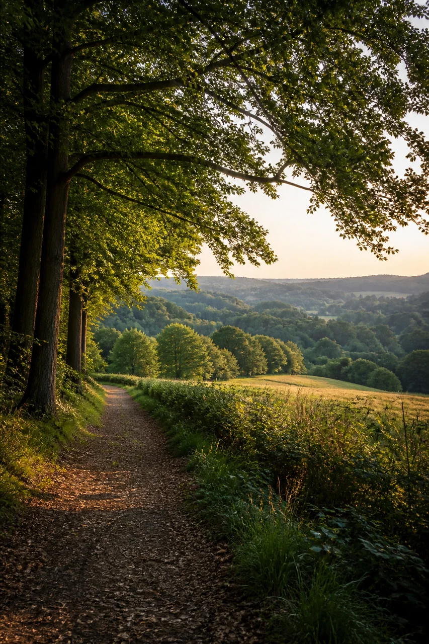 Waldweg mit offener Tallandschaft bei Hattingen