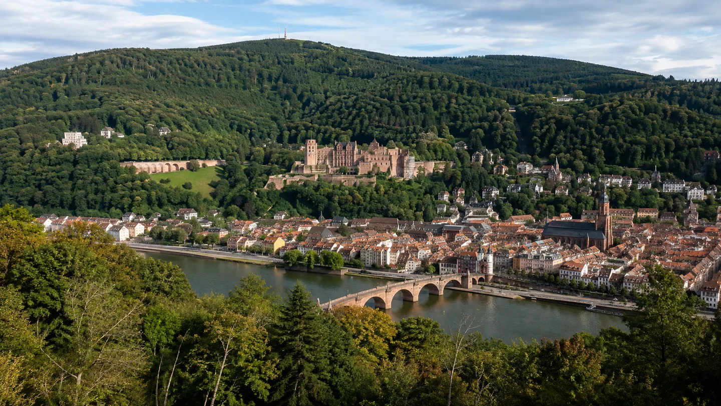 Heidelberg: Heidelberg: Altstadt und Schloss unter bewaldetem Königstuhl über dem Neckar