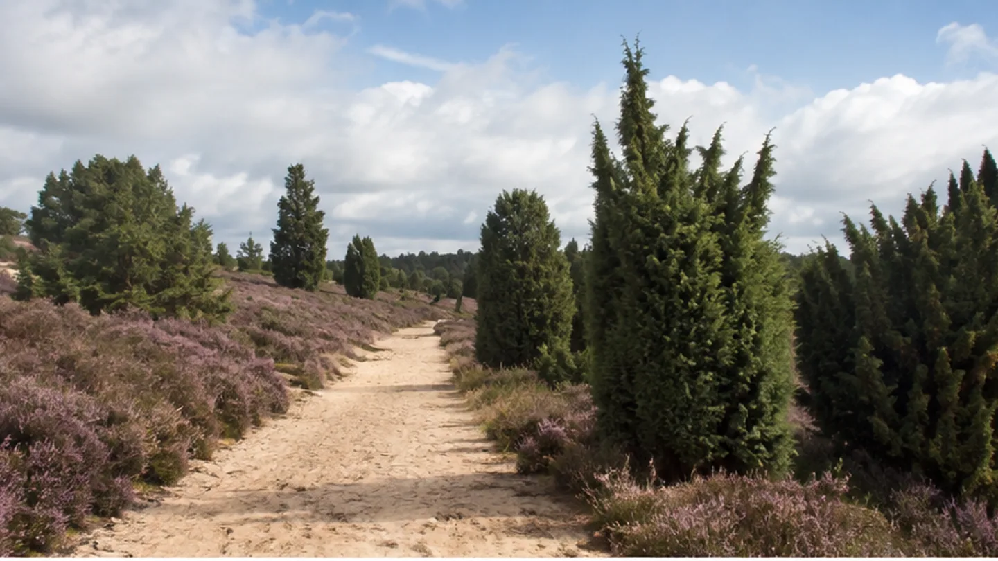 Heidschnuckenweg: Heidschnuckenweg: sandiger Pfad durch Besenheide und Wacholder