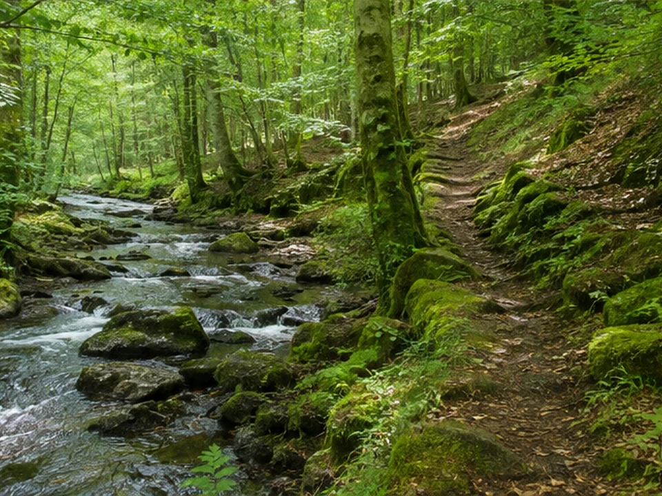 Wasserwald: Bachpfad durch moosigen Laubwald