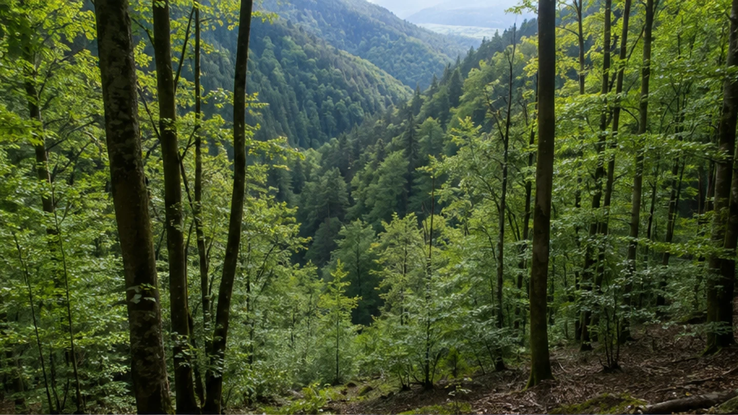 Heigenbrücken: Heigenbrücken: Hochspessart: dichter Buchenwald über dem Lohrbachtal