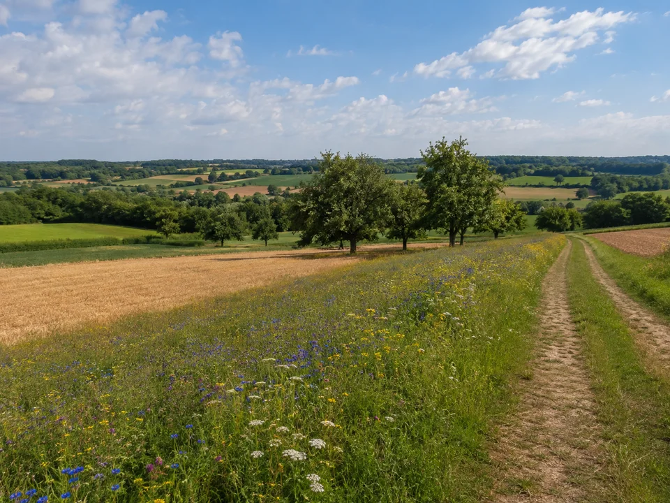 Feldlandschaft bei Neckargartach: Offene leicht hügelige Felder mit breiten Blühstreifen, Obstbaumgruppen und Wirtschaftsweg