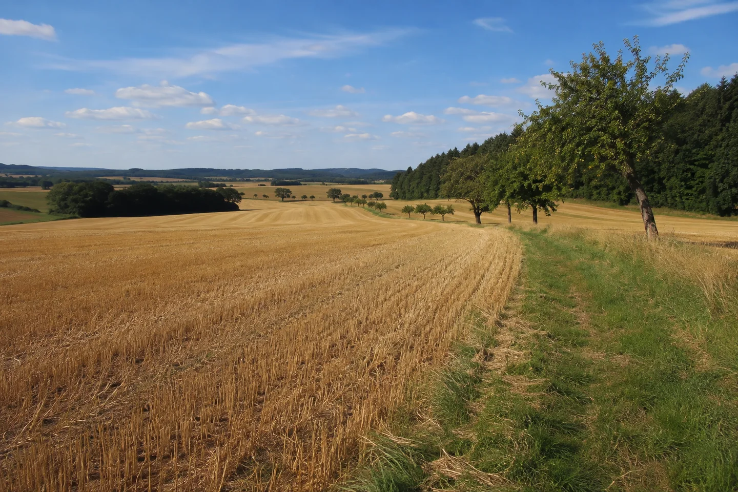 Ländliche Jurahöhe bei Teuchatz westlich Heiligenstadt, weite Getreidestoppelfelder mit grünem Feldrain, einzelne Obstbäume, dunkle Laubwaldkante.