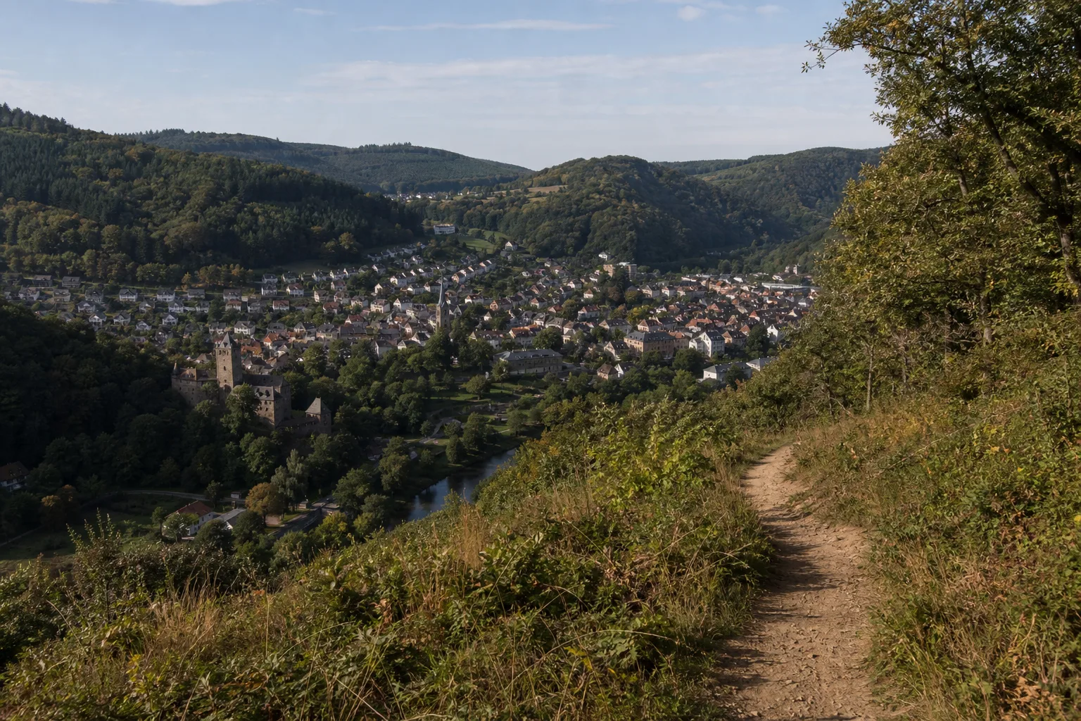 Pfad am Meuchelberg mit Blick auf Heimbach, Burg und Rurtal