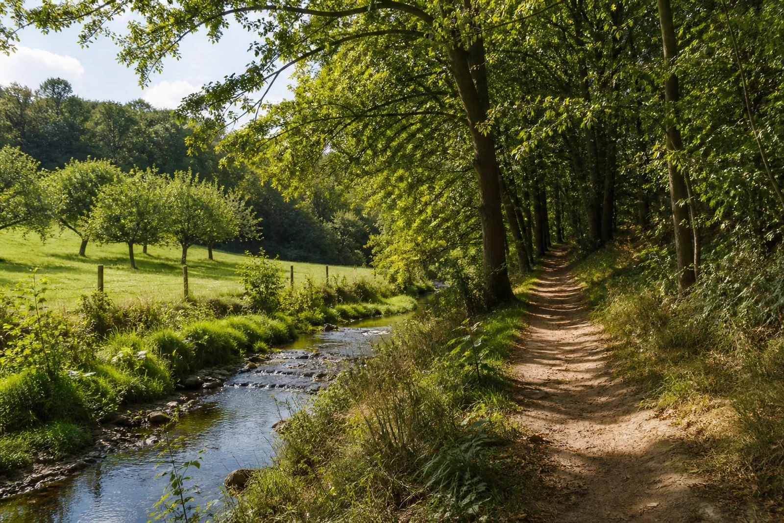 Obstwiese und Bachpfad bei Söven