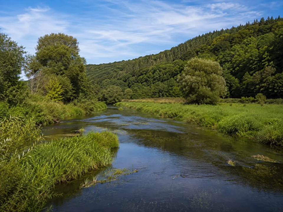 Dilltal bei Herborn: Schmaler ruhig fließender Fluss mit grünen Ufern und niedrigem bewaldetem Talrand