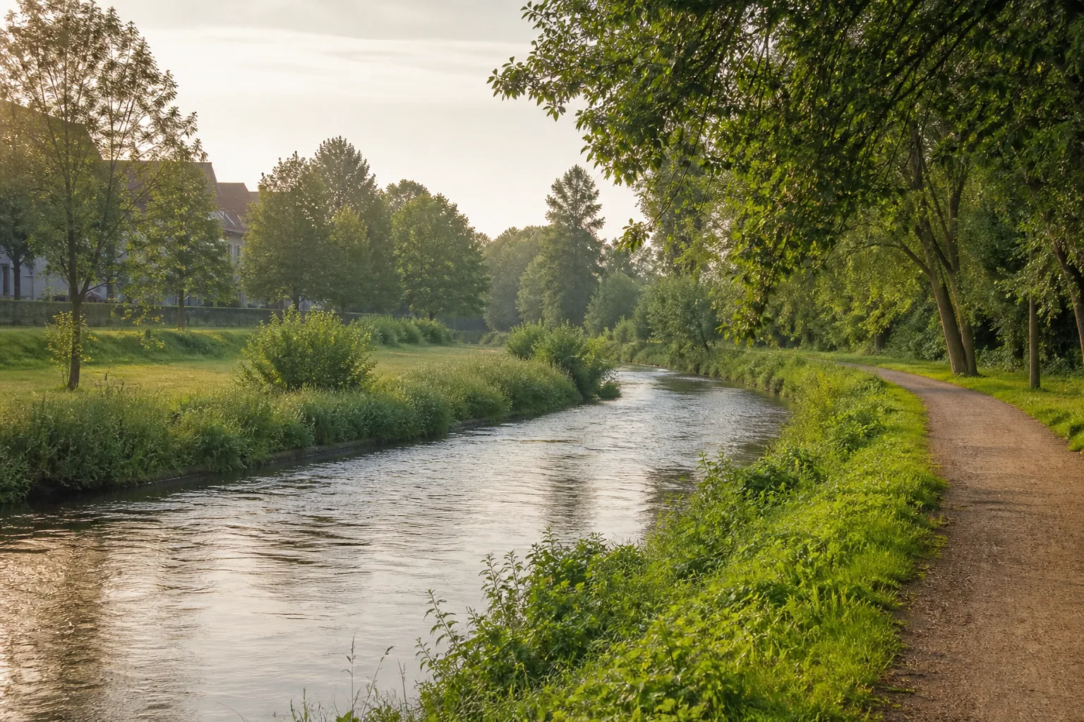 Uferweg an der Werre zwischen Wiesen und alten Bäumen in Herford