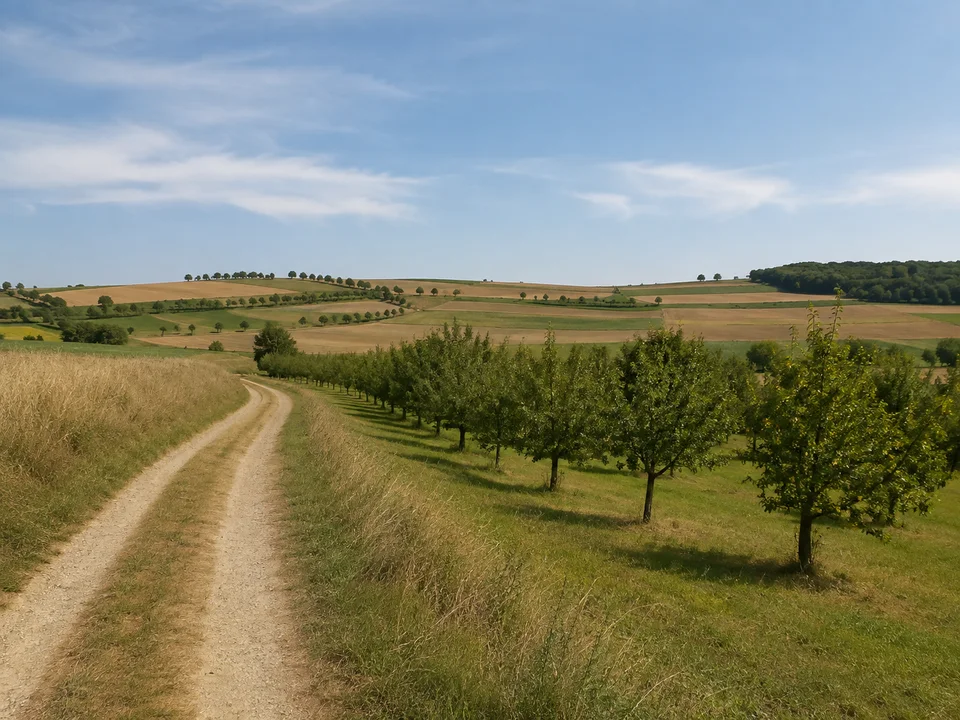 Gäuwege bei Haslach: Offene sanft gewellte Ackerlandschaft mit Obstbaumreihen und Feldweg westlich Herrenberg