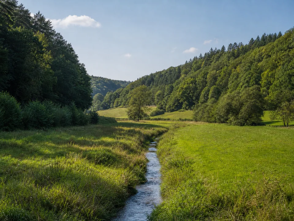 Sittenbachtal bei Kühnhofen: Grüner Talgrund bei Kühnhofen mit schmalem Bach, Wiesen und dicht bewaldeten sanften Talflanken.