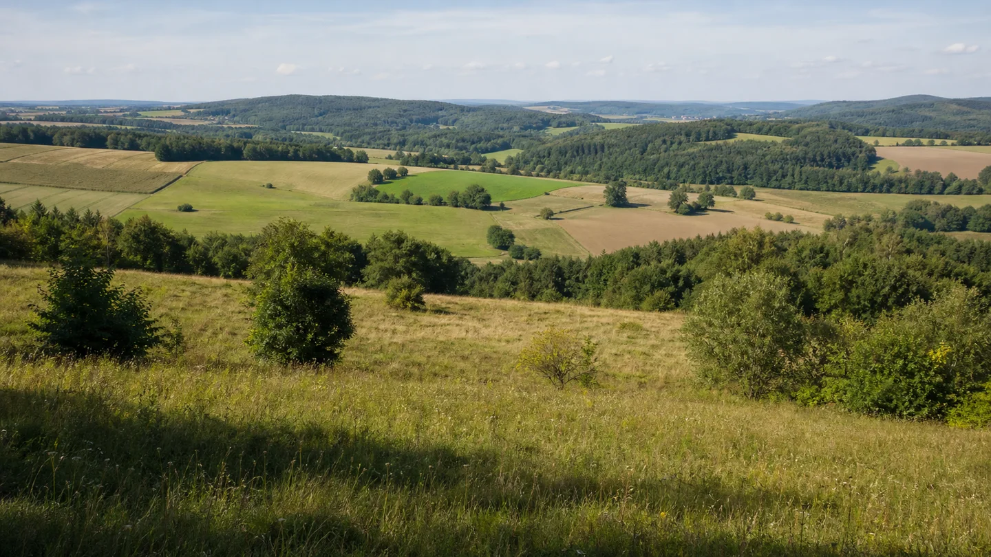 Hersbruck: Unterer Markt: Wiesen bei Großviehberg: Offene, wellige Jura-Hochfläche bei Großviehberg über Hersbruck mit Äckern, Wiesen und niedrigen bewaldeten Hügeln.