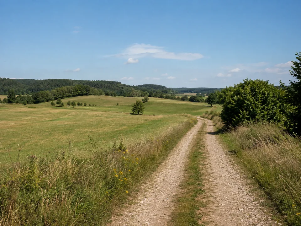 Hochfläche bei Großengsee: Feldweg auf der offenen Jurahochfläche bei Großengsee mit Wiesen, Hecken und Waldkuppen.