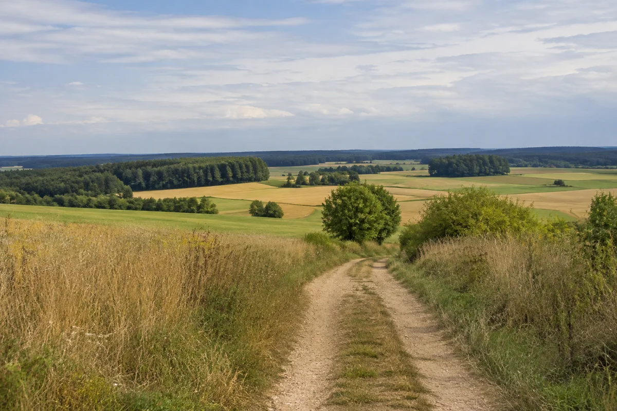 Leicht wellige Felder und Wiesen bei Jahrsdorf südöstlich von Hilpoltstein, Hecken und Waldinseln in weiter mittelfränkischer Landschaft.
