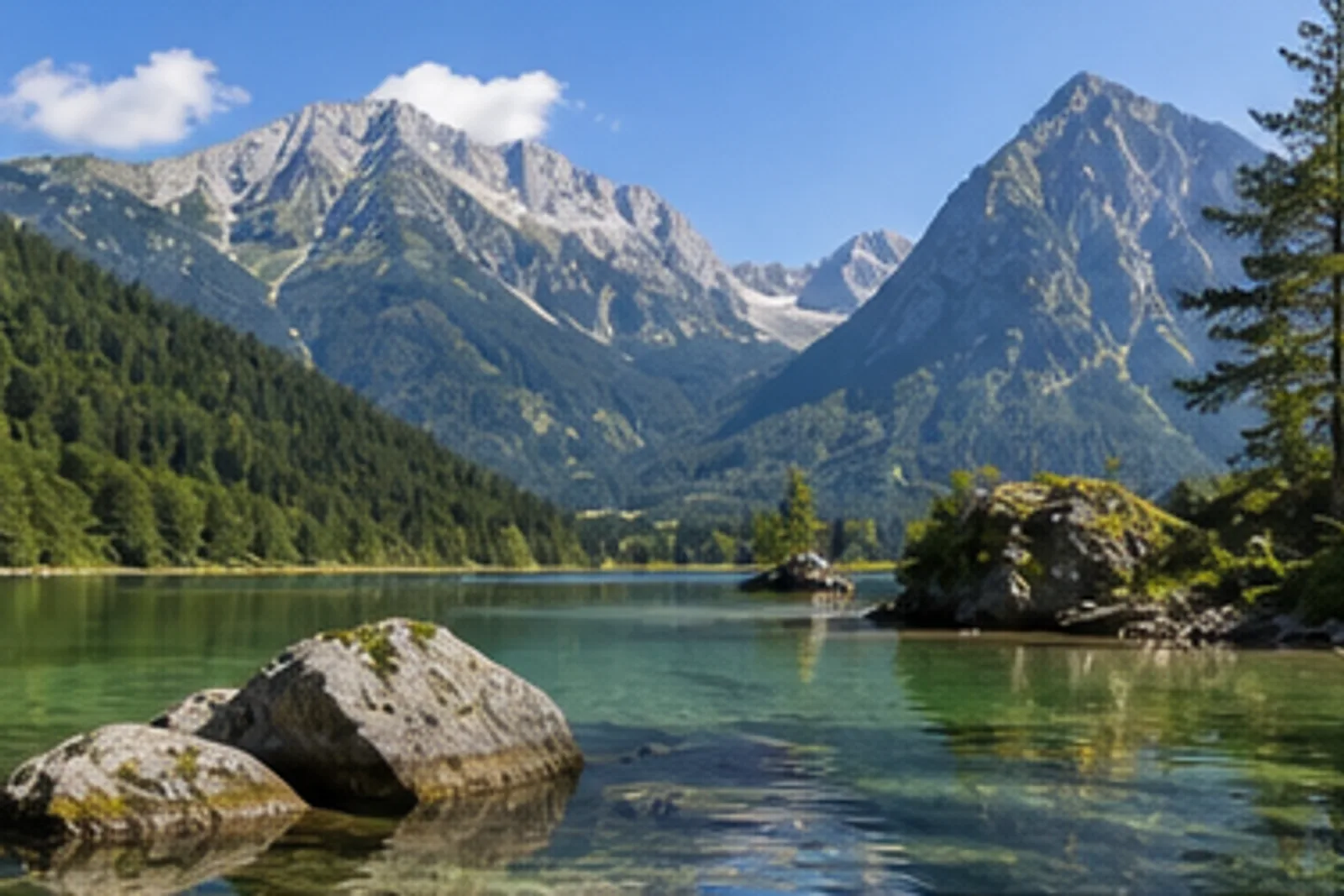 Hintersee: Hintersee: klarer Bergsee mit Felsblöcken vor Hochkalter und Reiteralpe