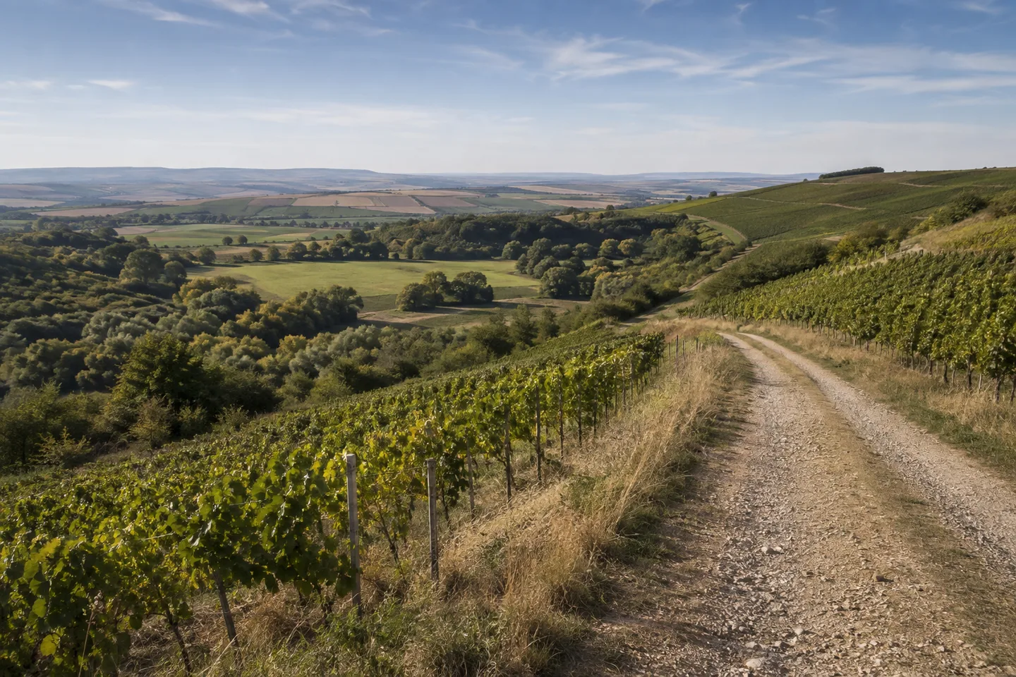 Hiwweltouren: Wirtschaftsweg an sanften Rebhängen am Westerberg bei Gau-Algesheim, Wiesen im Selztal.