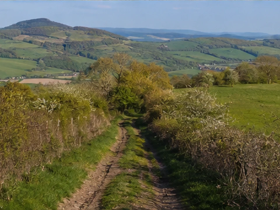 Kuppenrhön: Heckenweg zwischen runden Basaltkuppen