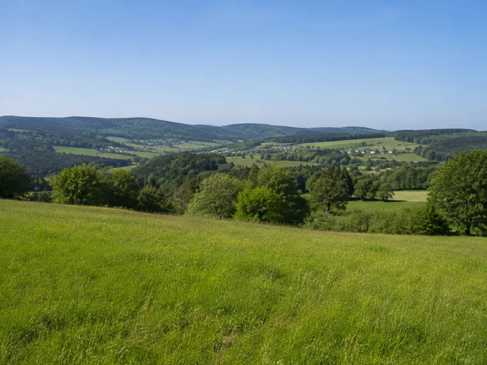 Usinger Land: weite Wiesenmulden zwischen bewaldeten Kuppen