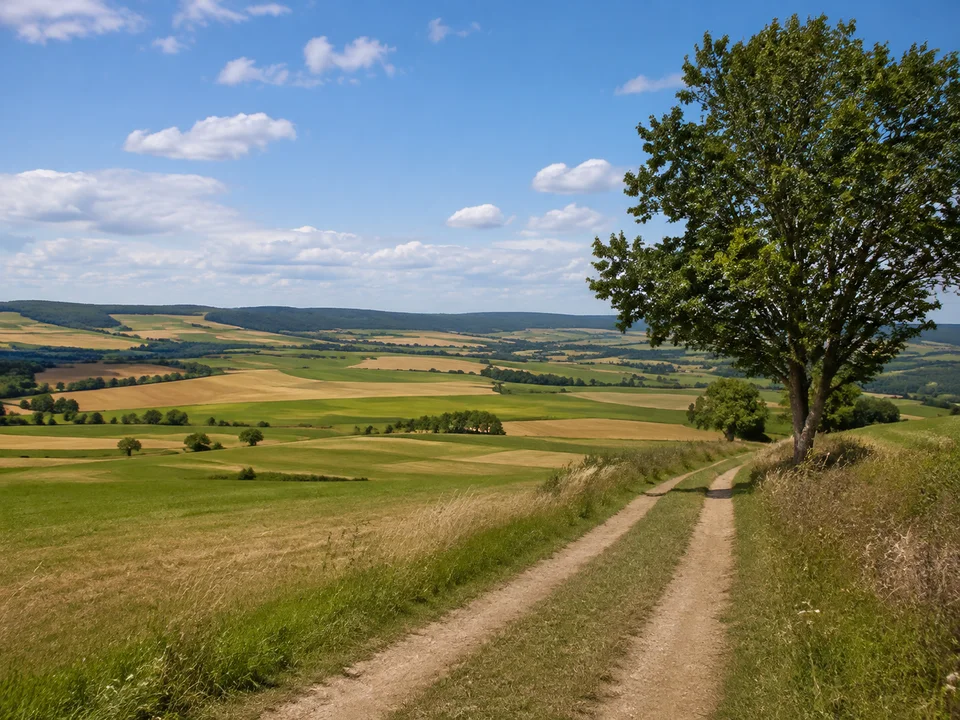 Offenland bei Mardorf: Weite sanfte Acker- und Wiesenlandschaft mit Feldweg und einzelnen Laubbäumen
