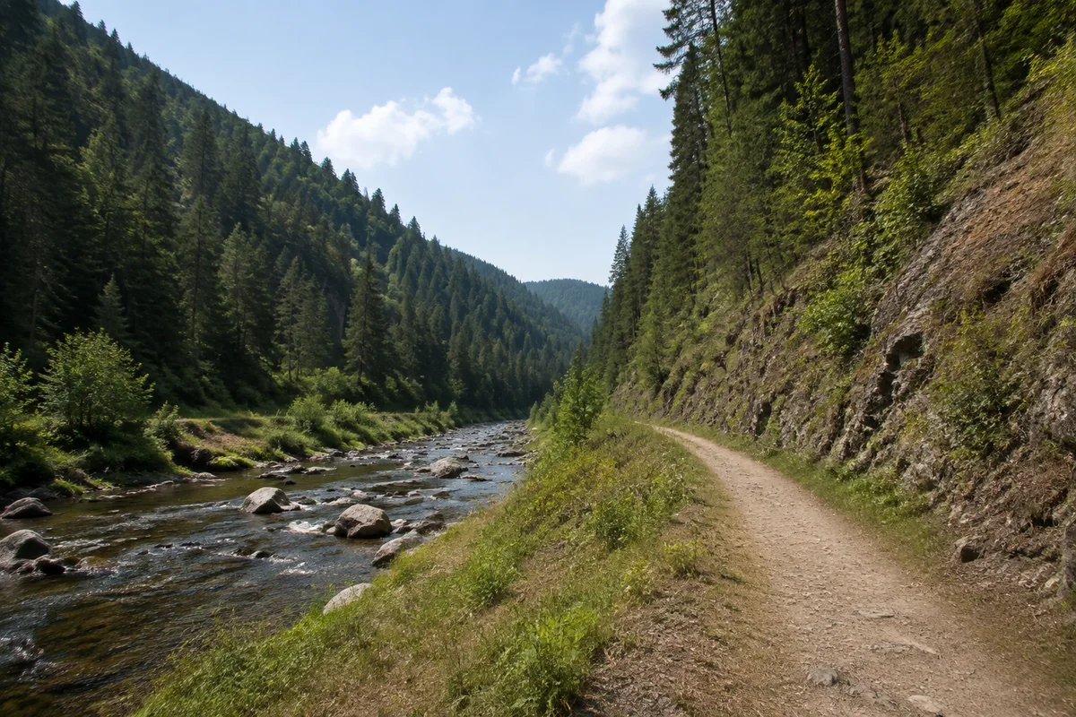 Südlicher Gutachabschnitt mit engem Tal und steilen Nadelwaldhängen.