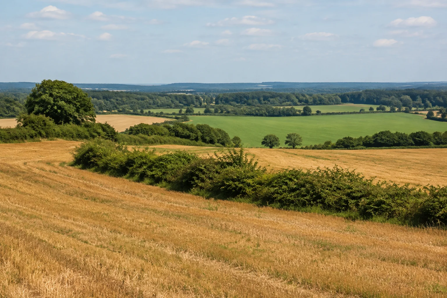 Welliges Ackerland bei Werlte mit Hecken und weit entferntem Wald