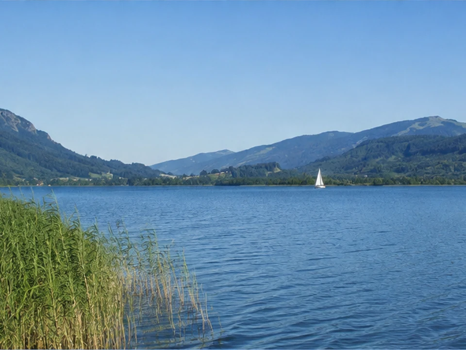 Großer Alpsee: breites blaues Wasser mit Schilfufer