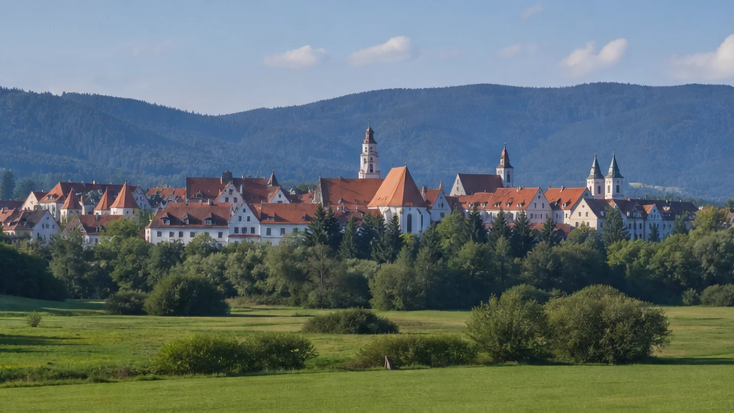 Isny im Allgäu: Isny im Allgäu: Isny und Adelegg: Stadtrandwiesen vor dem bewaldeten Höhenzug