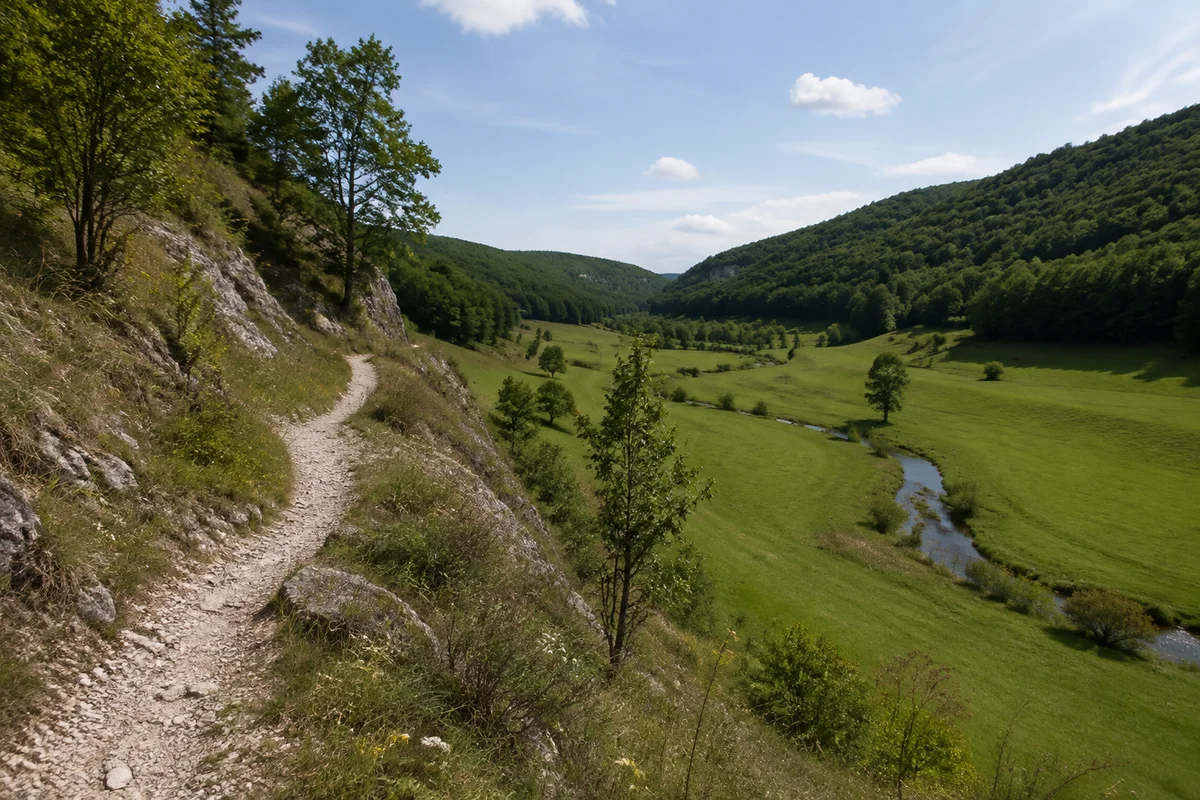 Schmale Weiße Laber bei Holnstein zwischen grünen Talwiesen und Buchenhängen, kalkiger Fußweg am Talrand.