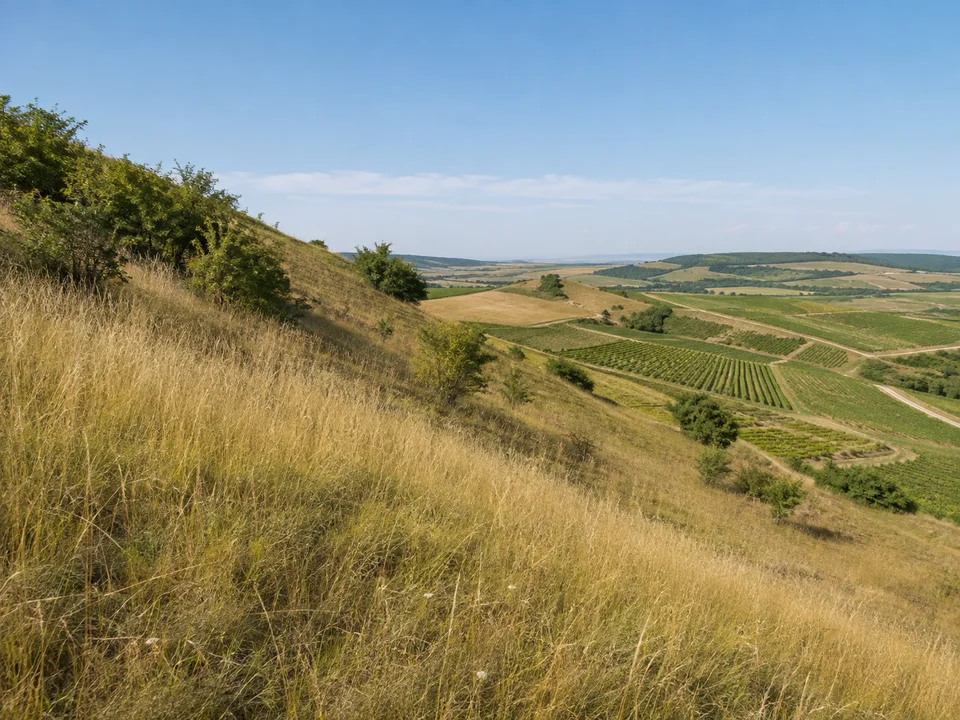 Trockenrasen bei Schelingen: Trockene goldgrüne Grasflanke am Badberg mit einzelnen Sträuchern und benachbarten sanften Weinbergen ohne Gebirgskette
