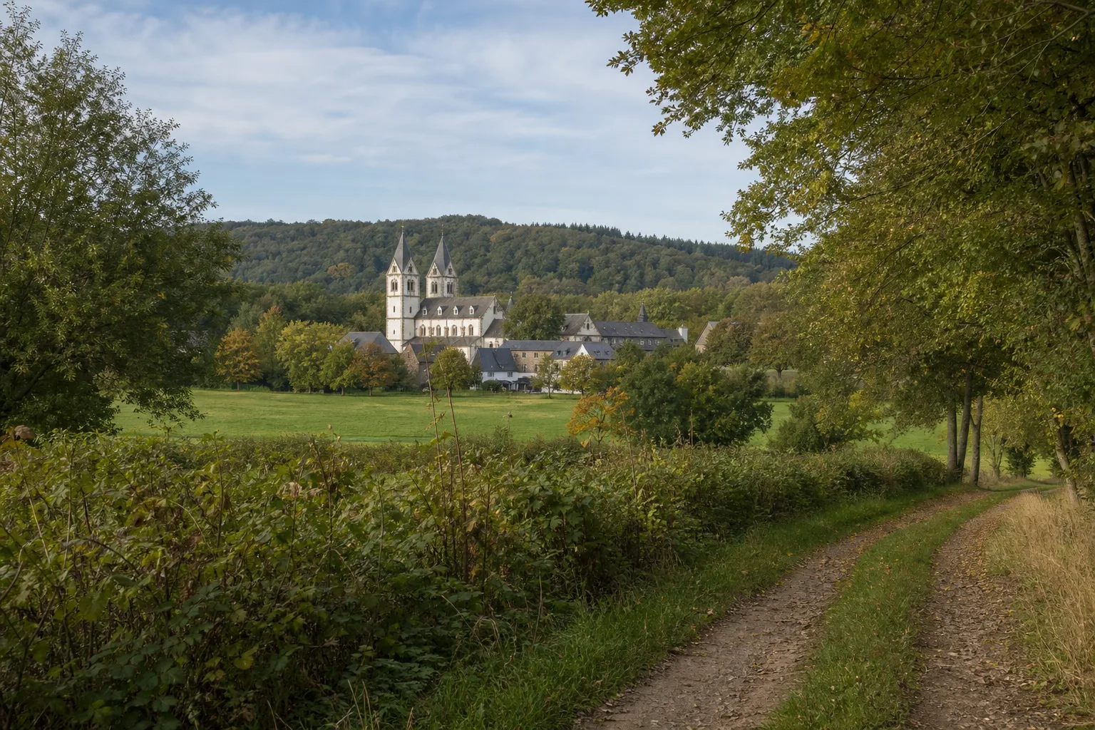 Wiesenweg mit Blick auf Kloster Steinfeld in Kall